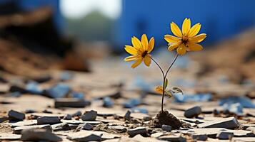 two yellow flowers are growing out of the ground generative ai photo