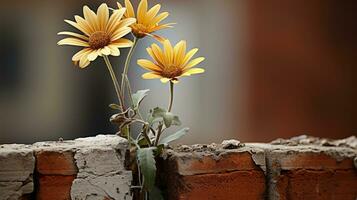 two yellow flowers growing out of a brick wall generative ai photo