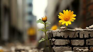 dos amarillo flores creciente fuera de un ladrillo pared generativo ai foto