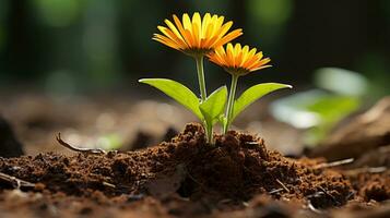 two yellow flowers growing out of the ground generative ai photo