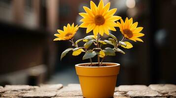 two yellow sunflowers in a pot on a brick wall generative ai photo