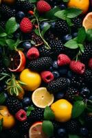 various fruits and berries are arranged on a black background generative ai photo
