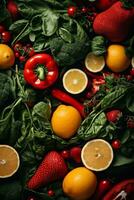 various fruits and vegetables are arranged on a table generative ai photo