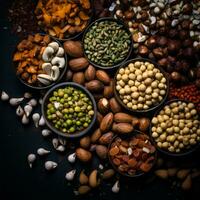 various nuts and seeds in bowls on a black background generative ai photo