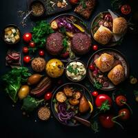 various types of food on a black background including hamburgers vegetables and other ingredients generative ai photo