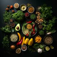 various types of vegetables and fruits arranged in bowls on a black background generative ai photo