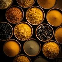various types of spices in wooden bowls generative ai photo