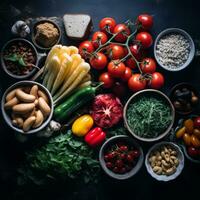 various vegetables and fruits in bowls on a dark table generative ai photo