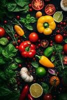 various vegetables and fruits on a black background generative ai photo