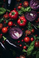 various types of vegetables are laid out on a black background generative ai photo