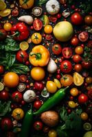various vegetables and fruits on a black background generative ai photo