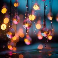 water droplets hang from a string of light bulbs generative ai photo