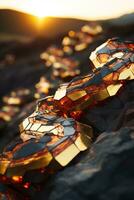 3d rendering of a gold and orange stone on top of a mountain with the sun setting in the background generative ai photo