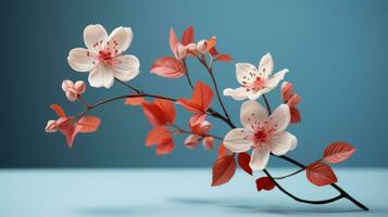 3d rendering of cherry blossoms on a blue background generative ai photo