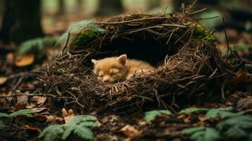 a baby fox sleeping in a nest in the woods generative ai photo