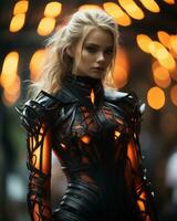 a beautiful blonde woman in a black and orange outfit generative ai photo
