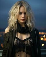 a beautiful blonde woman in a black bra top and black jacket standing on a rooftop with city lights in the background generative ai photo