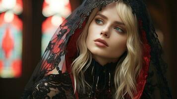 a beautiful blonde woman in a black and red dress generative ai photo