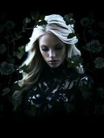 a beautiful blonde woman in a black dress surrounded by roses generative ai photo