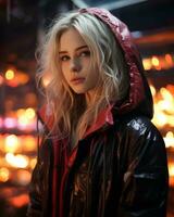 a beautiful blonde woman in a black jacket and red hoodie generative ai photo