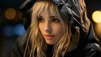 a beautiful blonde woman in a black hoodie generative ai photo