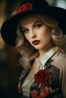 un hermosa rubia mujer en un negro sombrero con rojo rosas generativo ai foto