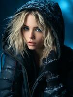 a beautiful blonde woman in a black jacket and gloves generative ai photo