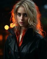 a beautiful blonde woman in a black jacket generative ai photo