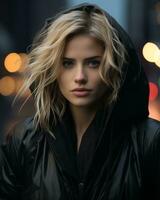 un hermosa rubia mujer en un negro chaqueta en el calle a noche generativo ai foto
