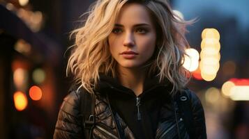 a beautiful blonde woman in a black jacket standing in front of a city street at night generative ai photo