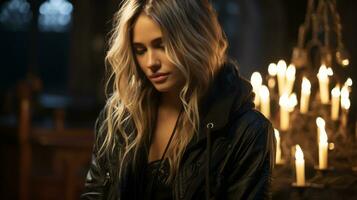 a beautiful blonde woman in a black jacket standing in front of candles generative ai photo