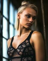 a beautiful blonde woman in a black lace lingerie generative ai photo