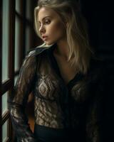 a beautiful blonde woman in a black lace top leaning against a window generative ai photo