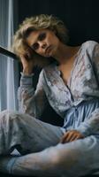 a beautiful blonde woman in a blue dress sitting on a bed generative ai photo