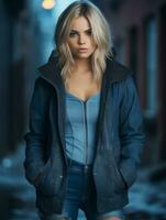 a beautiful blonde woman in a blue jacket and jeans standing in an alleyway generative ai photo