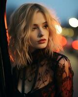 a beautiful blonde woman in a car at night generative ai photo