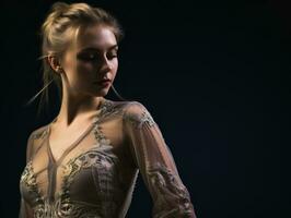 a beautiful blonde woman in a dress on a dark background generative ai photo