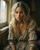 a beautiful blonde woman in a dress sitting by a window generative ai photo