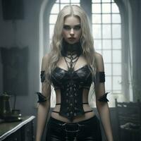 a beautiful blonde woman in a gothic outfit generative ai photo