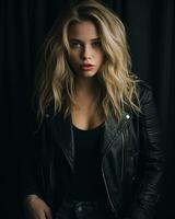 a beautiful blonde woman in a leather jacket generative ai photo