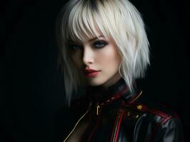 a beautiful blonde woman in a leather jacket generative ai photo