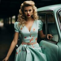 a beautiful blonde woman in a mint green dress leaning against a classic car generative ai photo