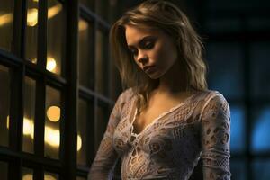 a beautiful blonde woman in a lace dress standing in front of a window generative ai photo