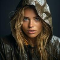 un hermosa rubia mujer en un lluvia chaqueta generativo ai foto