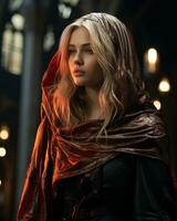 a beautiful blonde woman in a hooded cloak generative ai photo