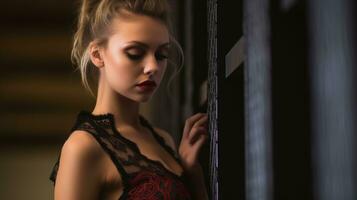 a beautiful blonde woman in a red dress leaning against a wall generative ai photo