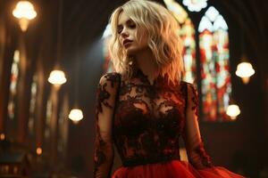 a beautiful blonde woman in a red dress standing in front of a stained glass window generative ai photo