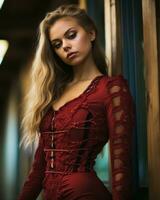 a beautiful blonde woman in a red dress generative ai photo