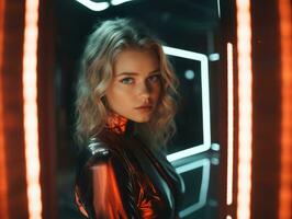 a beautiful blonde woman in a shiny red dress standing in front of neon lights generative ai photo