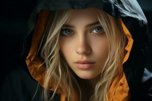 a beautiful blonde woman in an orange and black hoodie generative ai photo